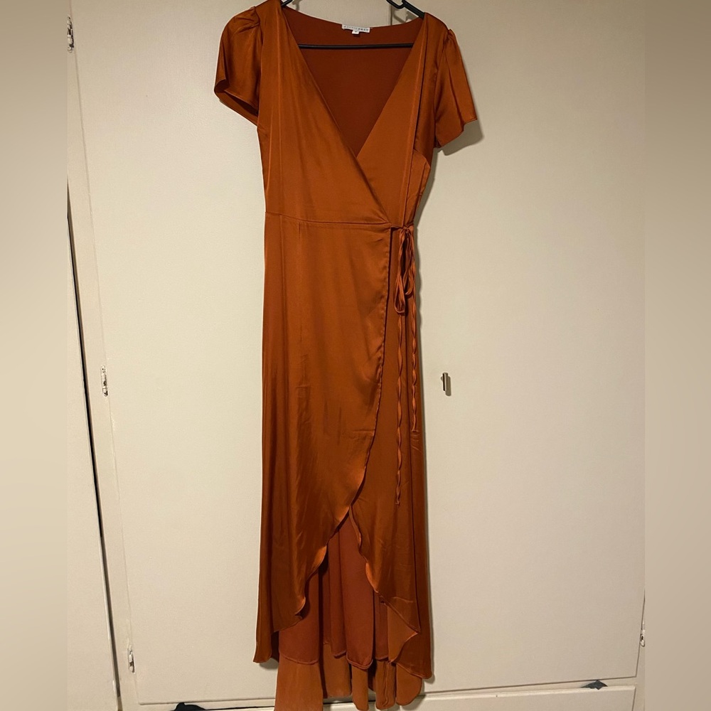 Rust copper silk wrap tie dress